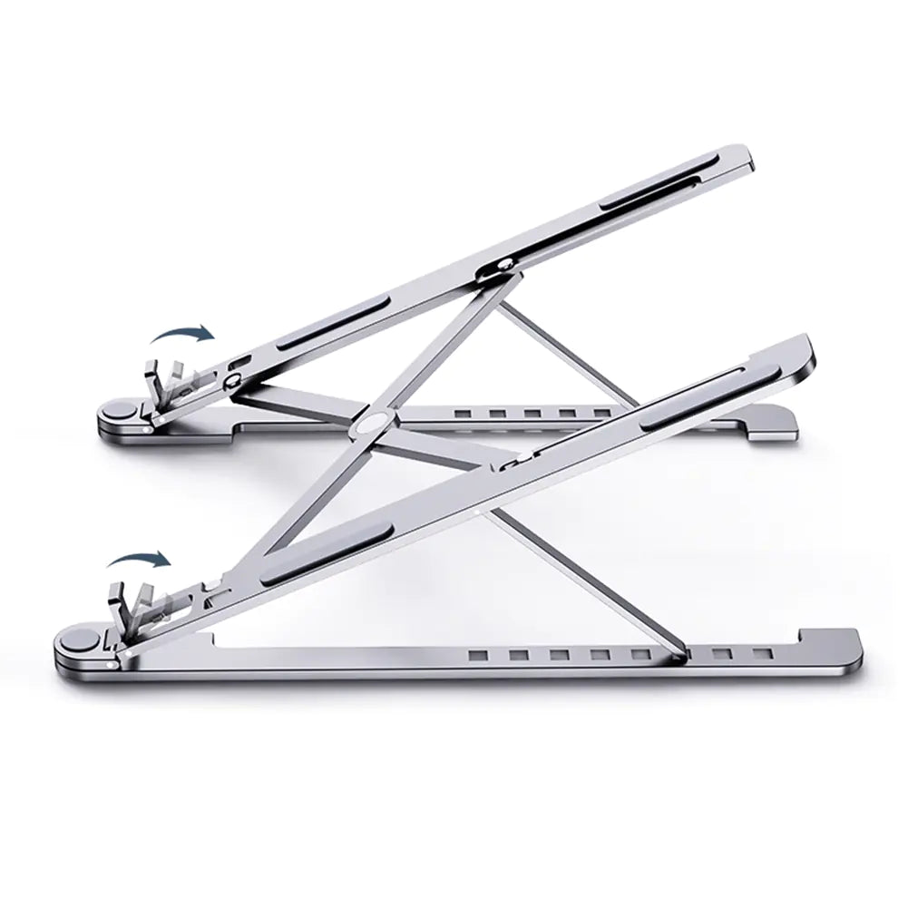 Aluminum Laptop Stand, silver, open, side view showing the adjustable hinges