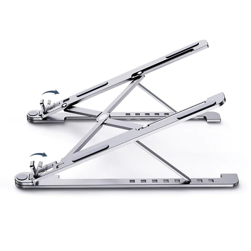 Aluminum Laptop Stand, silver, open, side view showing the adjustable hinges