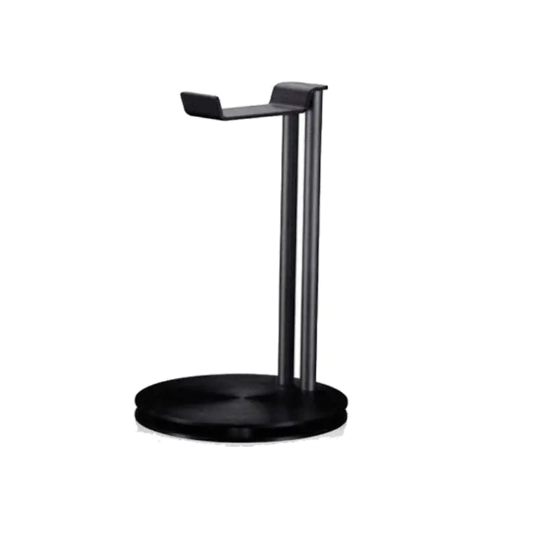 Black headphone stand with two upright bars on a two-tier round base, about 10.6 in (27 cm) tall