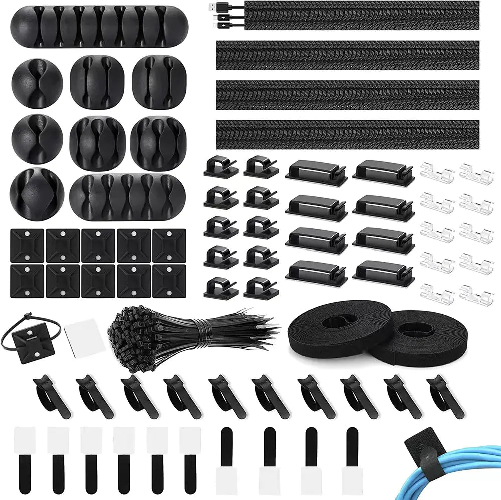 Black 173-piece desk cable management kit laid flat: braided sleeves, silicone desk clips, adhesive clips, tie mounts and ties