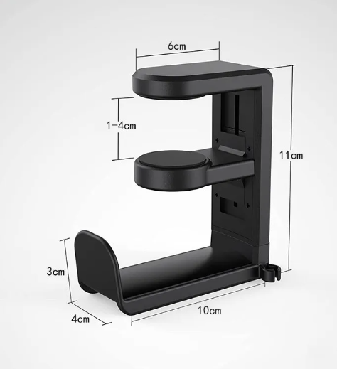 Under-Desk Headphone Hook size diagram: 11 cm (4.3 in) tall, 10 cm (3.9 in) hook arm, 4 cm (1.6 in) wide