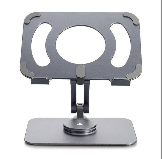 Grey aluminum tablet stand with a dual-rod arm, two hinge joints and a 360-degree turntable base