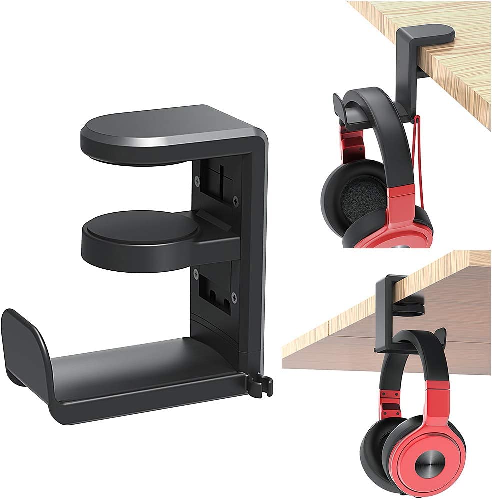 Black under-desk headphone hook: a clamp for the desk edge at the top and a hook arm with a raised end lip below