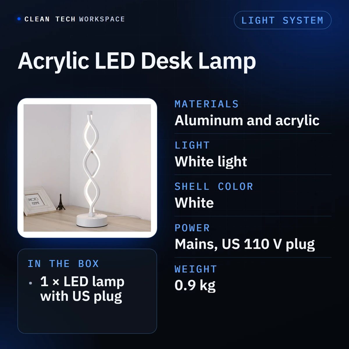 Acrylic LED Desk Lamp specifications: materials aluminum and acrylic, white light, white shell, mains power with a US 110 V plug, and a weight of 0.9 kg. In the box: one LED lamp with a US plug.