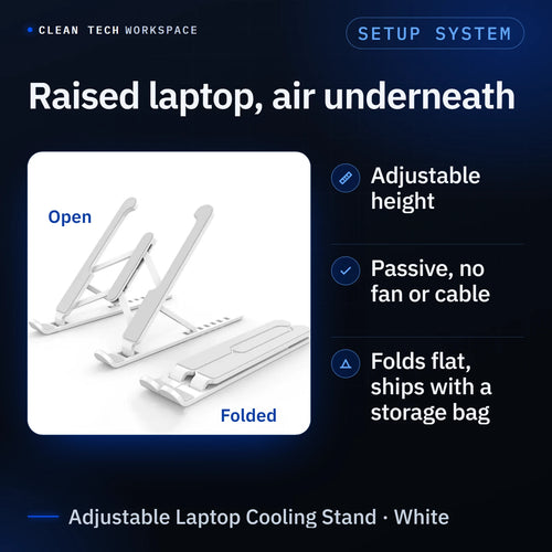 Adjustable Laptop Cooling Stand in white, pictured twice with each state labeled, open and folded: it raises the laptop with air underneath, has adjustable height, is passive with no fan or cable, and folds flat and ships with a storage bag.