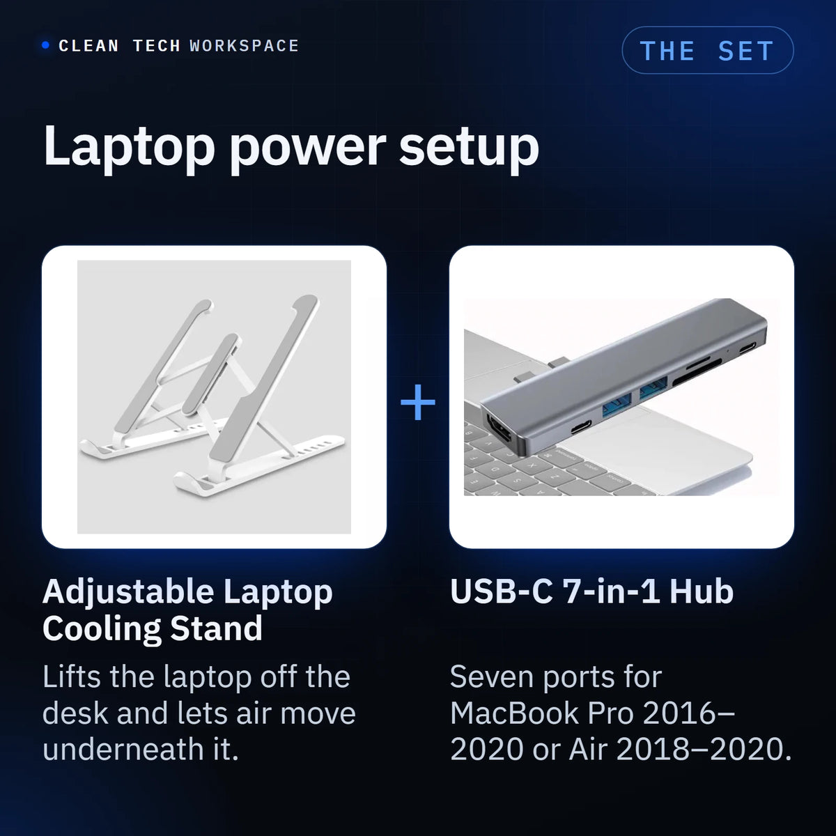Laptop power setup: the Adjustable Laptop Cooling Stand in white, open, lifts the laptop off the desk and lets air move underneath it, paired with the USB-C 7-in-1 Hub, seven ports for MacBook Pro 2016–2020 or Air 2018–2020.