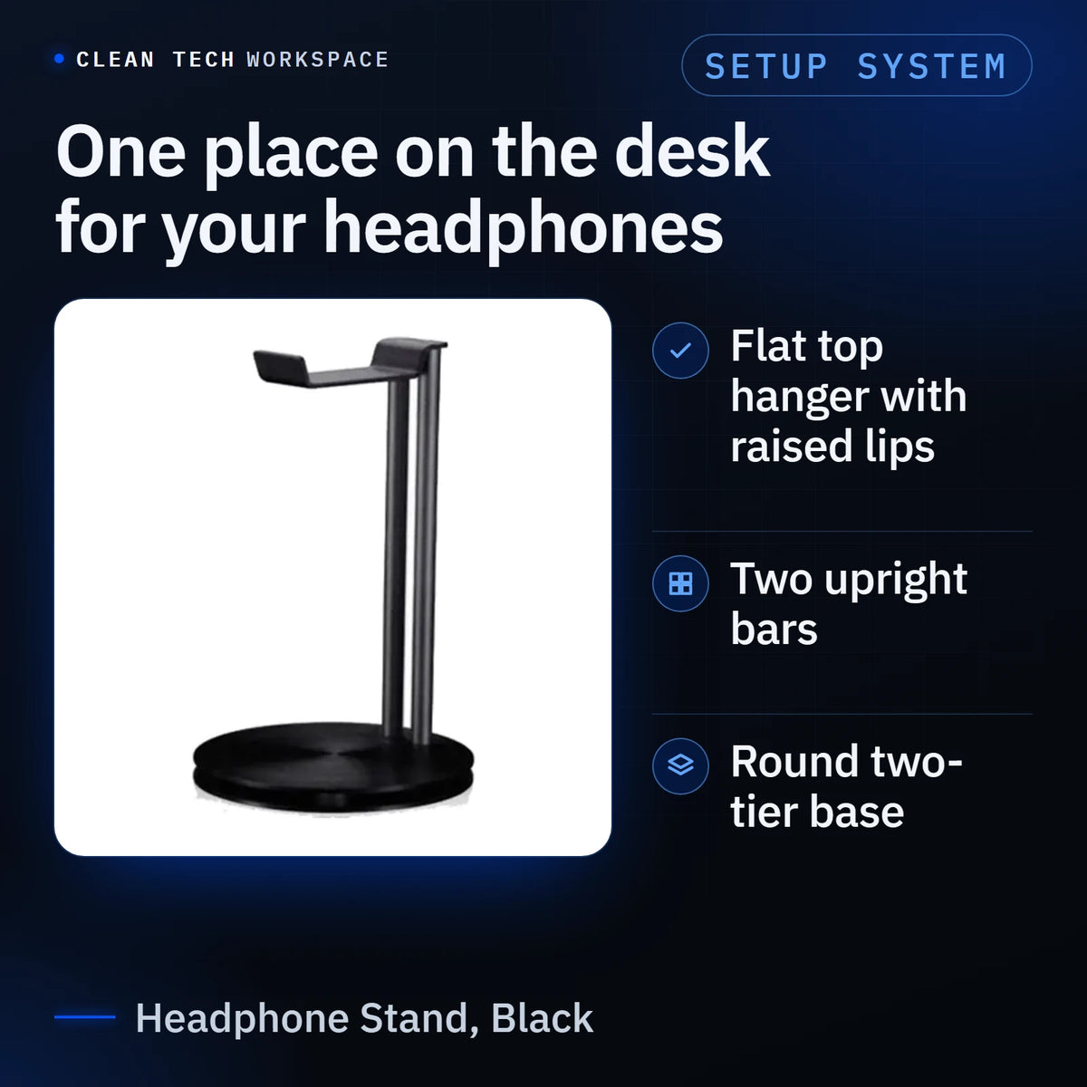 Infographic: supplier photo of the black Headphone Stand under the headline 'One place on the desk for your headphones', with three points: flat top hanger with raised lips; two upright bars; round two-tier base.