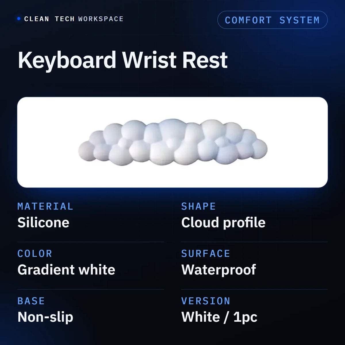 Spec sheet: wide photo of the gradient-white, cloud-shaped Keyboard Wrist Rest above six labelled specs. Material: silicone. Shape: cloud profile. Color: gradient white. Surface: waterproof. Base: non-slip. Version: White / 1pc.