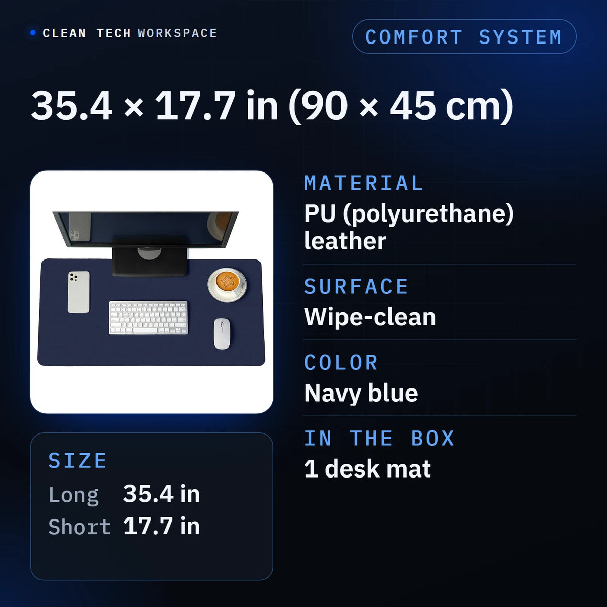 Infographic: PU leather desk mat size, 35.4 by 17.7 inches (90 by 45 cm): long side 35.4 in (90 cm), short side 17.7 in (45 cm). PU (polyurethane) leather, wipe-clean surface, navy blue, 1 desk mat in the box. Props in the photo are not included.