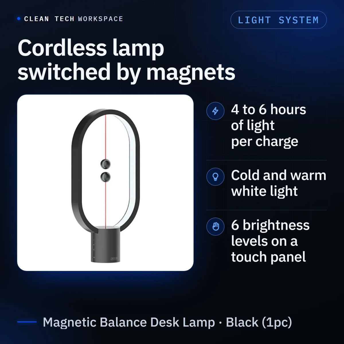 Magnetic Balance Desk Lamp in black: a cordless lamp switched by a magnet, with 4 to 6 hours of light per charge, cold and warm white light, and 6 brightness levels on a touch panel.