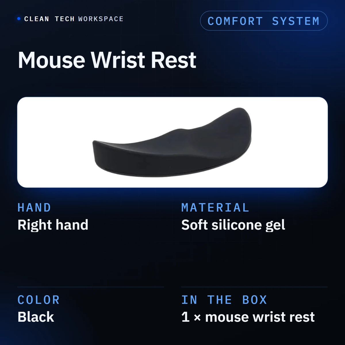 Spec sheet: wide photo of the black Mouse Wrist Rest above four labelled specs. Hand: right hand. Material: soft silicone gel. Color: black. In the box: 1 × mouse wrist rest.
