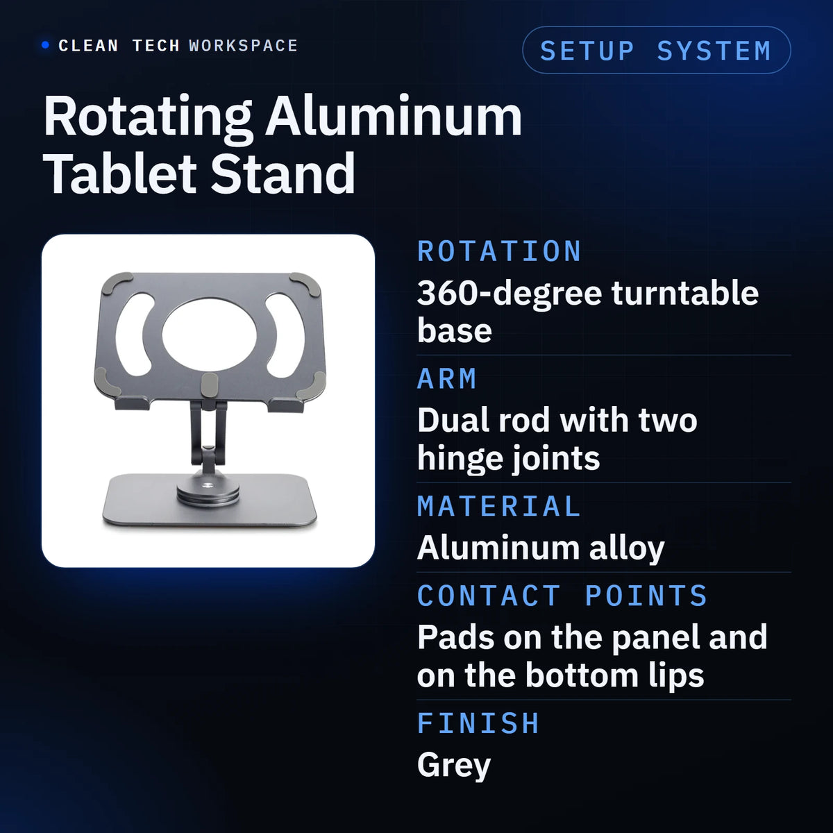 Spec sheet: photo of the grey Rotating Aluminum Tablet Stand beside five labelled specs. Rotation: 360-degree turntable base. Arm: dual rod with two hinge joints. Material: aluminum alloy. Contact points: pads on the panel and on the bottom lips. Finish: grey.