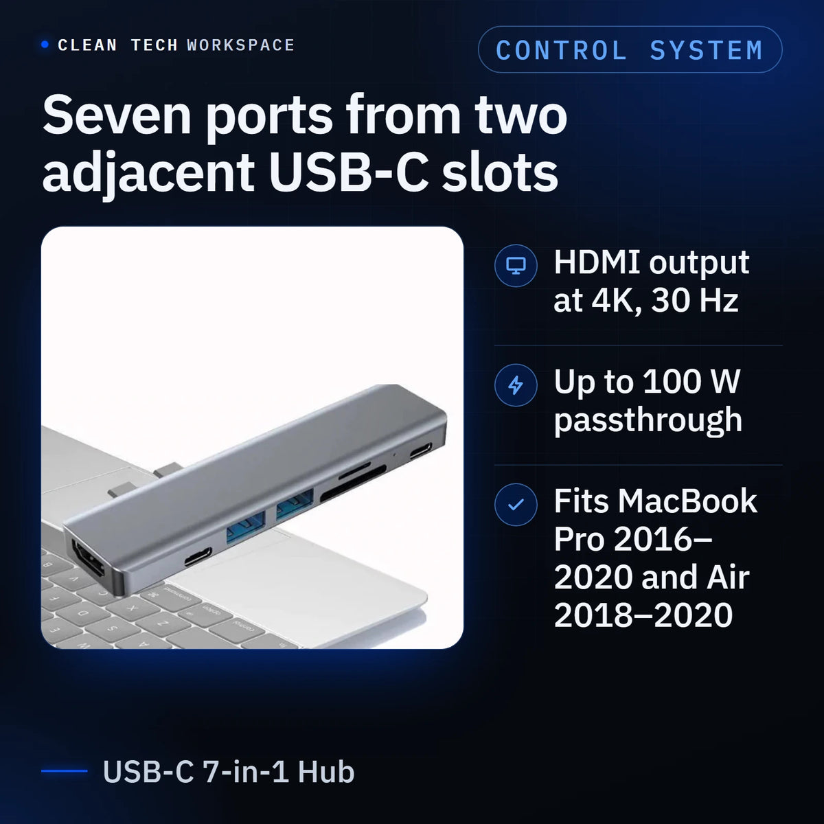 USB-C 7-in-1 Hub: seven ports from two adjacent USB-C slots. HDMI output at 4K and 30 Hz, up to 100 W passthrough. Fits MacBook Pro 2016 to 2020 and MacBook Air 2018 to 2020.