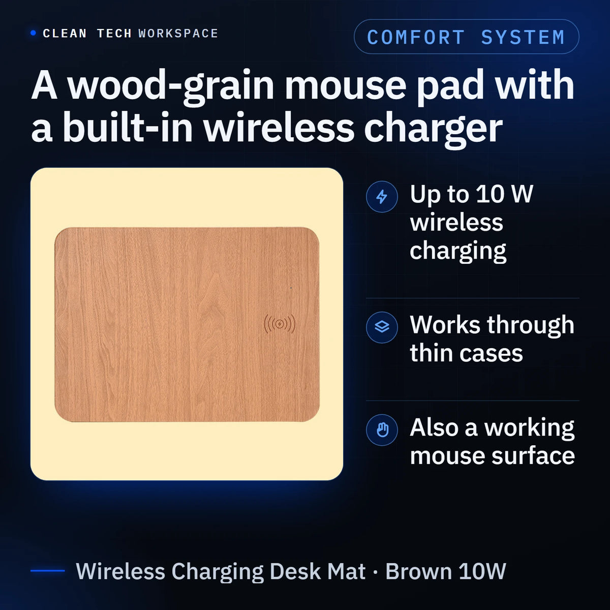 Infographic: top-view photo of the brown wood-grain wireless charging mouse pad beside three points. A wood-grain mouse pad with a built-in wireless charger: up to 10 W wireless charging, works through thin cases, also a working mouse surface.