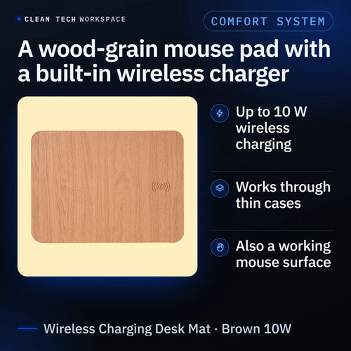 Infographic: top-view photo of the brown wood-grain wireless charging mouse pad beside three points. A wood-grain mouse pad with a built-in wireless charger: up to 10 W wireless charging, works through thin cases, also a working mouse surface.