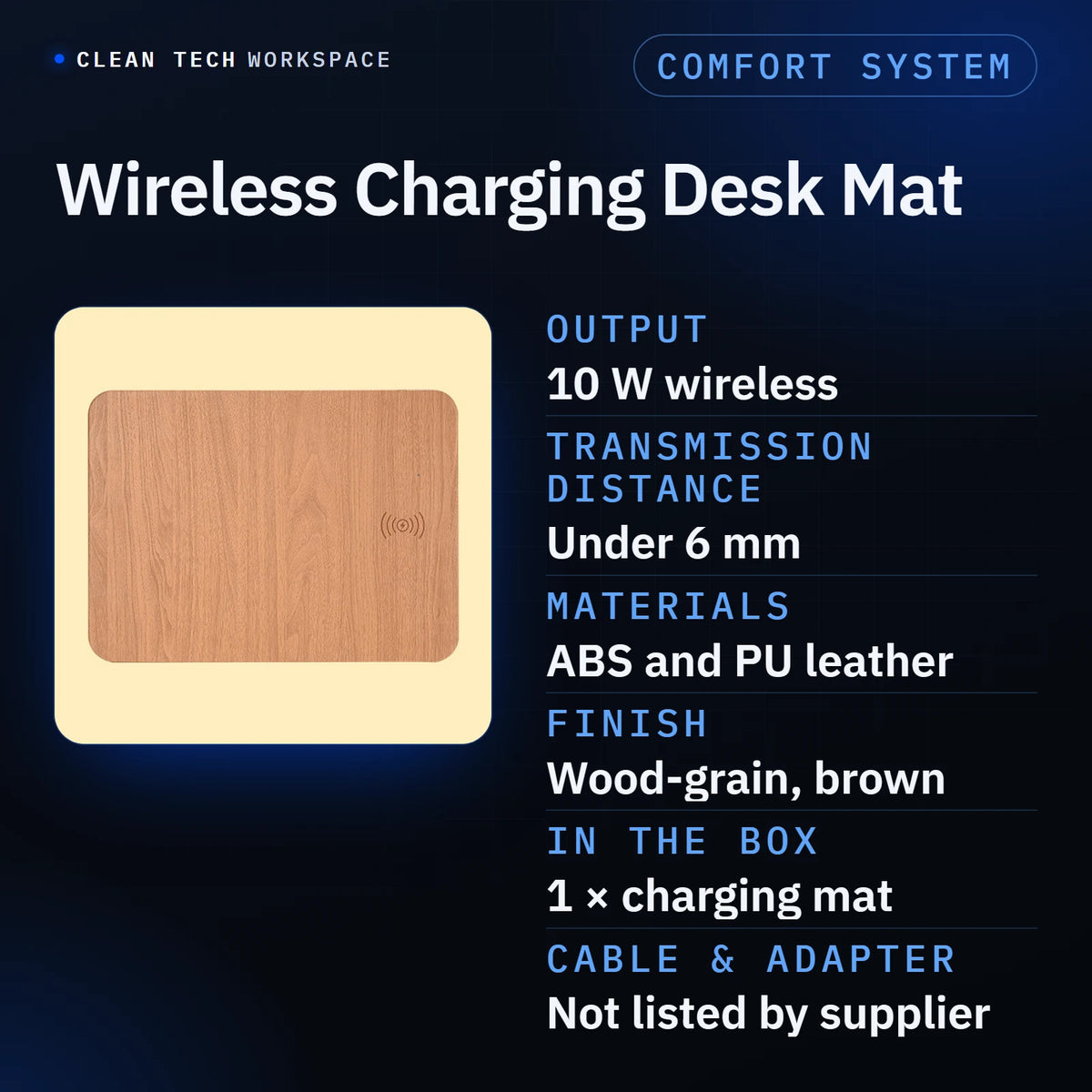 Spec sheet: top-view photo of the whole brown wood-grain Wireless Charging Desk Mat next to six labelled specs. Output: 10 W wireless. Transmission distance: under 6 mm. Materials: ABS and PU leather. Finish: wood-grain, brown. In the box: 1 × charging mat. Cable and adapter: not listed by supplier.